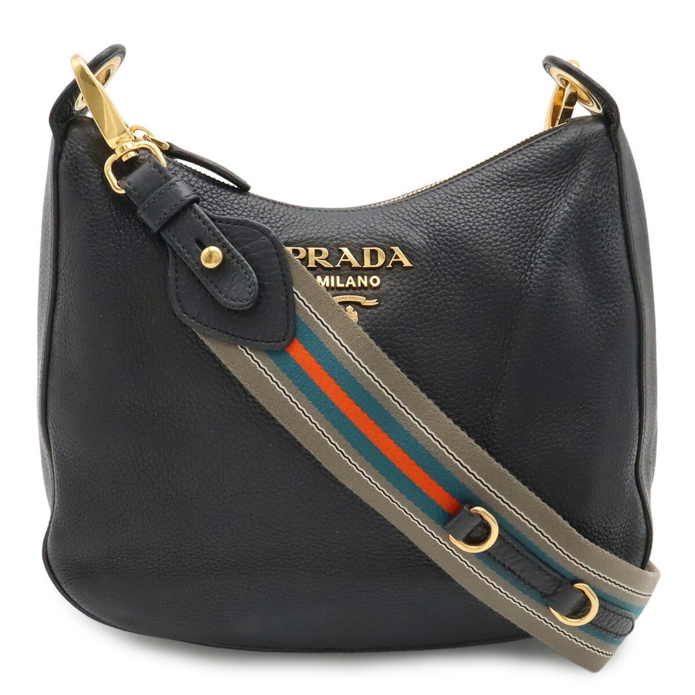 PRADA Prada Shoulder Bag, Striped Leather, NERO Black, 1BC166